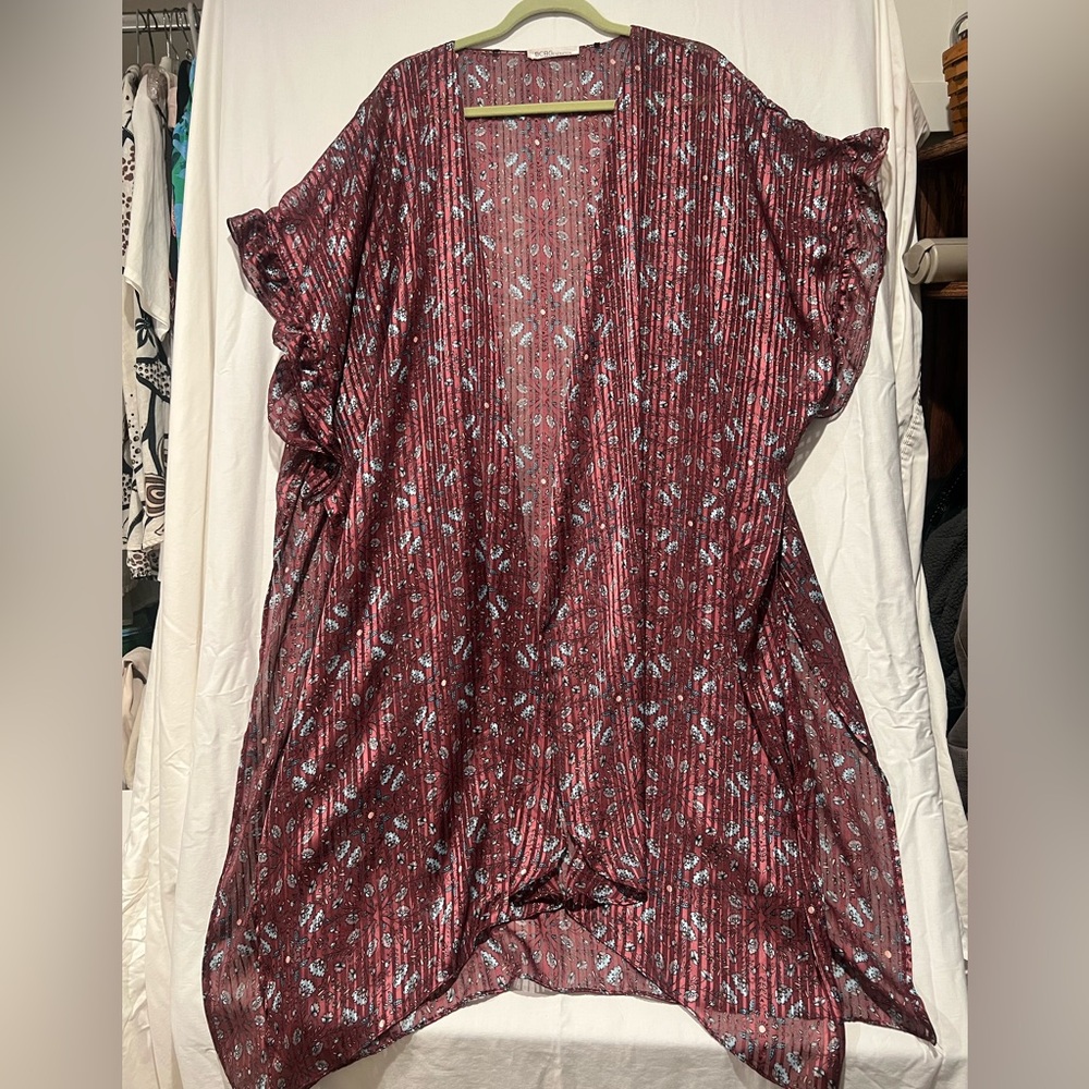 BCBGeneration Boho Duster Coverup Burgundy Floral Ruffle Sleeve Blouse Caftan